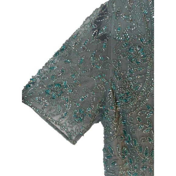 Pisarro Nights Size 10 Aqua Green Beaded Short Sleeve Evening Dress - Picture 11 of 16